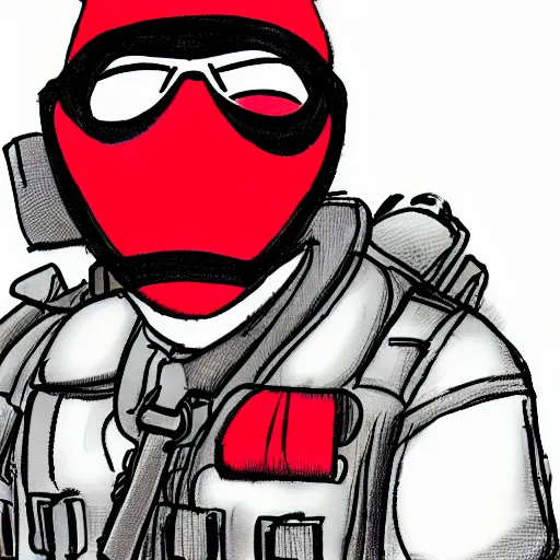 Prompt: A man in tactical gear and a red mask with a grin drawn onto it, cartoon