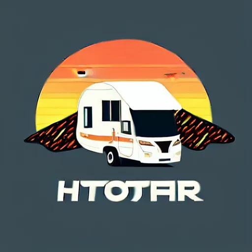 Image similar to vector art of a white and black cute thor chateau! motorhome camper!!, highway, mountains and colorful sunset!!, very very happy, dramatic motion, warm colors, crisp lines, very minimal vector art, sticker!! by tom whalen