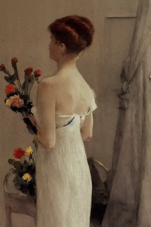 Image similar to european woman in a gown getting ready for a party, bloom flowers, modern, eclectic, illustration, by ramon casas