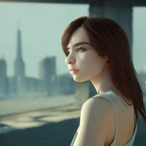 Prompt: portrait of 2 2 - year - old woman with angle 9 0 ° very beautifull sexy looking away smell fresh air, strong spirit, 8 k, cinematic scene, unreal engine, background city from art movie