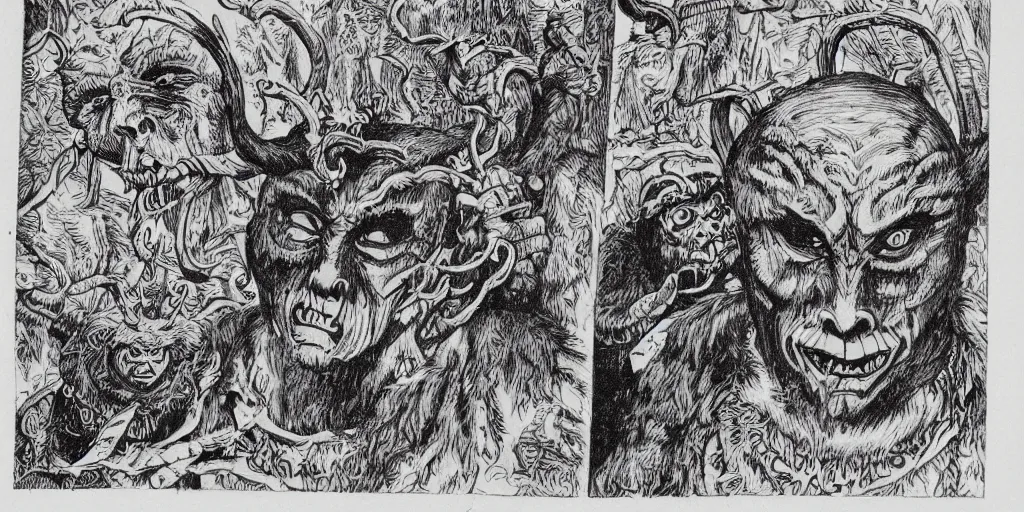 Image similar to scan of book with intricate ink drawings of tyrolean folklore masks, krampus, folklore, dance, dolomites, scary dark, dark ink, old paper