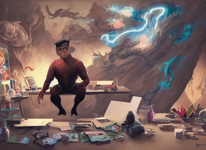 Image similar to an insanely detailed painting of an asian man wearing a homemade superhero costume, sitting at a desk, staring seriously at the computer and typing, in the style of peter mohrbacher, james jean, artgerm, dramatic lighting and composition, surreal background, octane render, pixar, trending on artstation, concept art, comic book, view from behind, 8 k