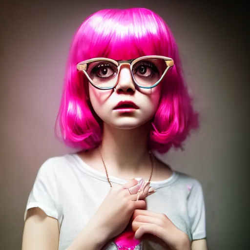 Prompt: beautiful lovely lolita girl portrait, pink short hair, big eyes, pink glasses, thin metal wire decorated inflatable future jacket 3 d, by wlop, cool color palette, cinematic, epic, grandiose, moody, mathematics, futuristic, by jason felix, dan mumford, kinkade, lisa frank, ilya kuvshinov