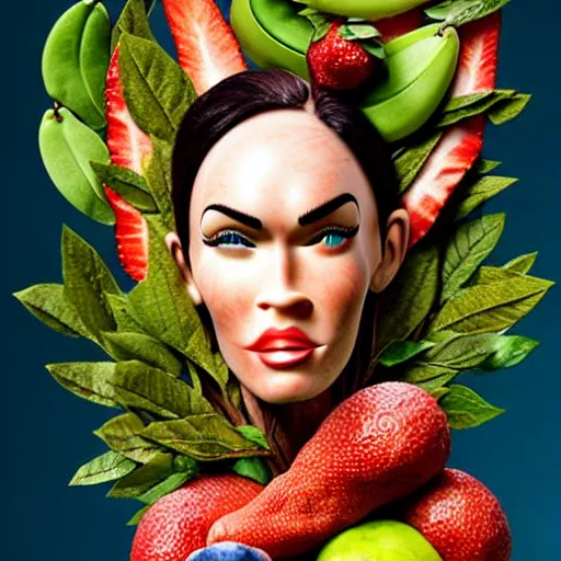 Prompt: megan fox vegan editorial by malczewski, character sculpture by arcimboldo, stil frame from'cloudy with a chance of meatballs 2'( 2 0 1 3 ) of fruit dryad, fruit hybrid megan fox editorial by alexander mcqueen and arcimboldo