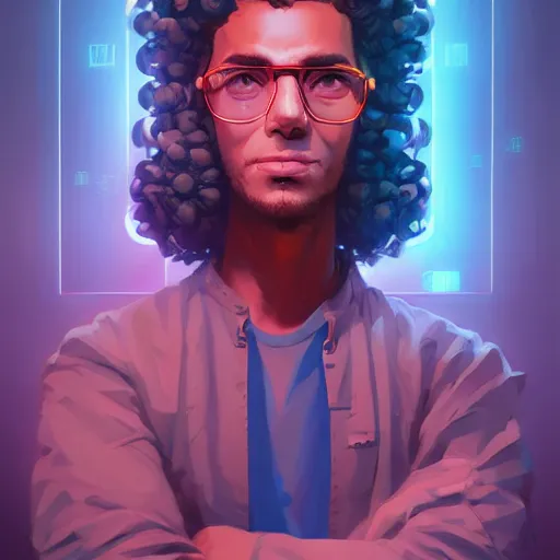 Prompt: cyberpunk curly - haired persian programmer next to an artificial brain on a stand, art, official fanart behance hd artstation by jesper ejsing, by rhads, makoto shinkai and lois van baarle, ilya kuvshinov, ossdraws