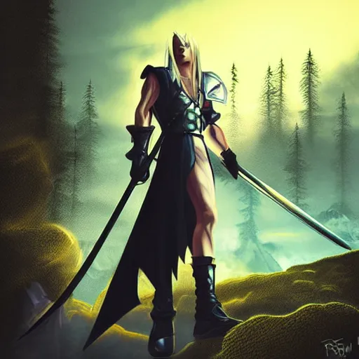 Image similar to sephiroth as mario , realistic, ultra detailed, menacing, powerful, dark, golden hour, forest, mountains in the background concept art Ross Tran