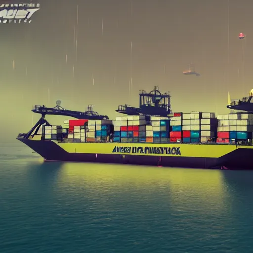 Image similar to an anti-gravity (futuristic container vessel) hovering at port in Night City Cyberpunk 2077, muted cyberpunk style, tranquil, steady, atmospheric, sweltering, autochrome, 8k, reflections, octane render, unreal engine 5