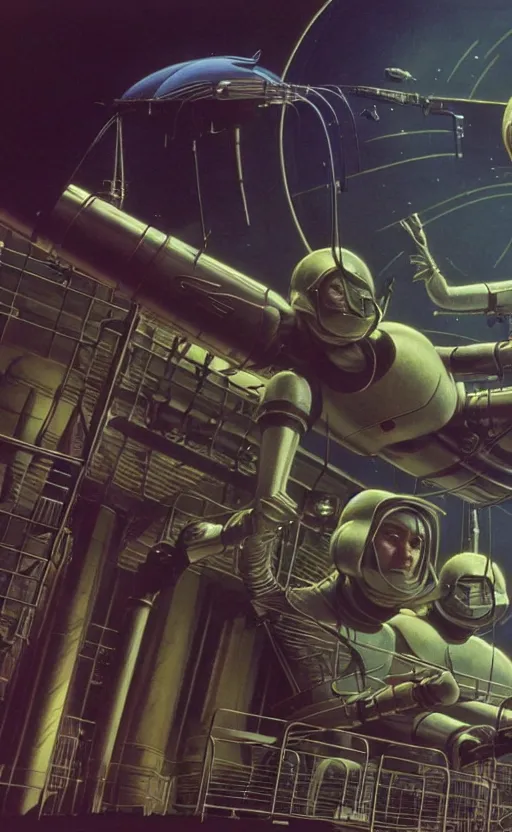 Image similar to exquisite imaginative 1 9 8 0 s sci fi movie, industrial space workers, movie art, by lucusfilm, weta studio, moebius, james jean, frank frazetta, 8 k, denoised, sharp, crisp, high quality, cinematic