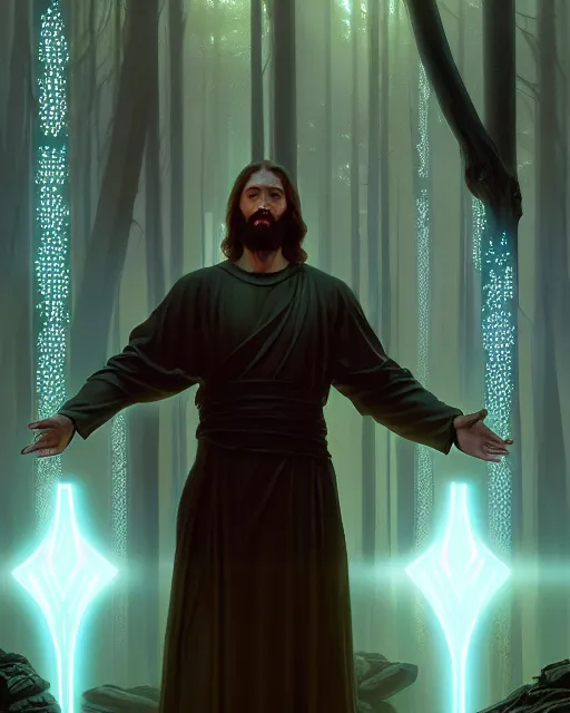 Image similar to tron legacy jesus performing miracles for a crowd in an ancient forest, face, diffuse lighting, hyper realistic, concept art, intricate, hyper detailed, smooth, sharp focus, illustration, artstation, art by greg rutkowski and james gurney and alphonse mucha