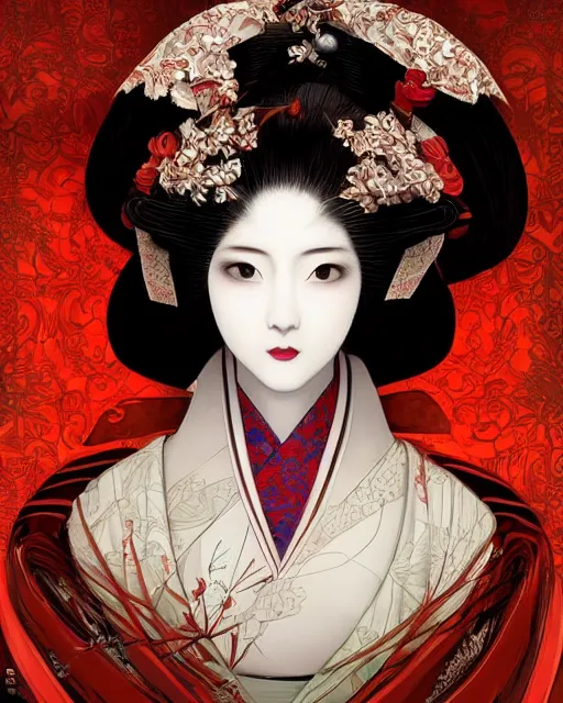 Prompt: portrait of a geisha, baroque style, elegant, beautiful, mesmerizing, concept art, highly detailed, artstation, behance, deviantart, inspired by innocent manga, inspired by castlevania concept art, trending, ayami kojima, shinichi sakamoto