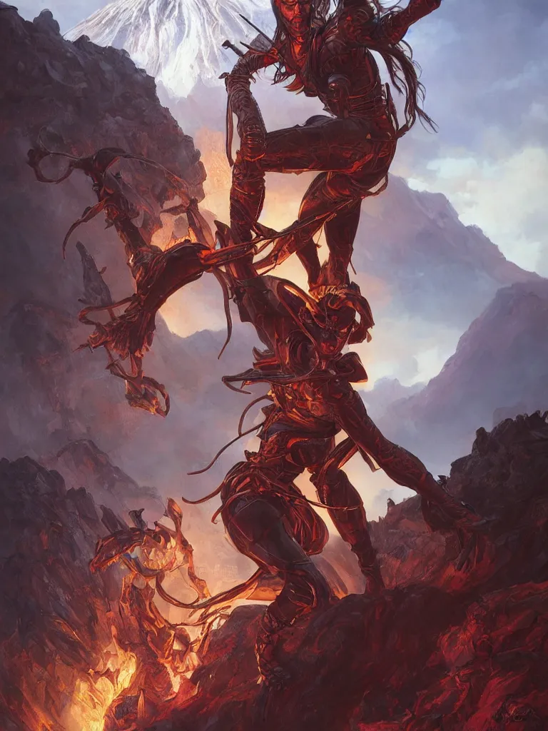 Image similar to An epic fantasy portrait painting of a spider-legged warrior woman with hair spikes standing in front of a volcano eruption, illustration, detailed, award-winning, trending on artstation, by artgerm and Greg Rutkowski and Alphonse Mucha