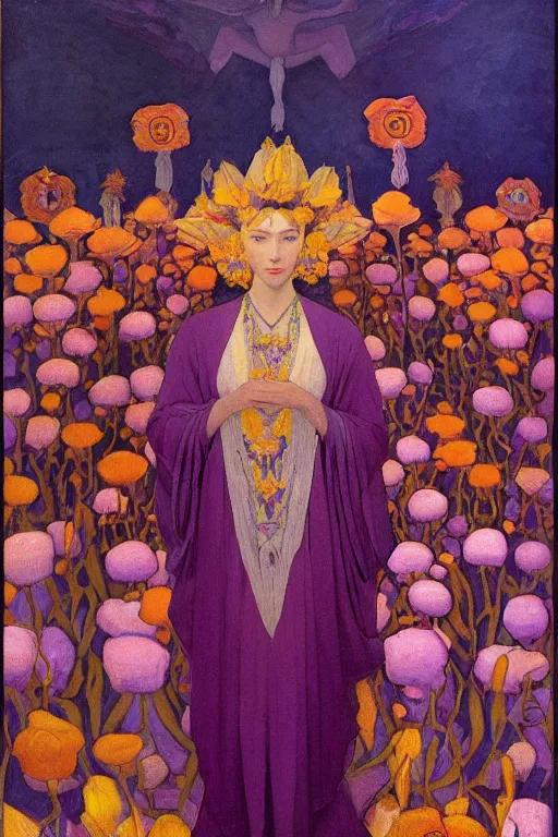 Prompt: queen of flowers, by Nicholas Roerich and Annie Swynnerton and Diego Rivera, dramatic cinematic lighting , ornate headdress , flowing robes, sacred artifacts, lost civilizations, smooth, sharp focus, extremely detailed