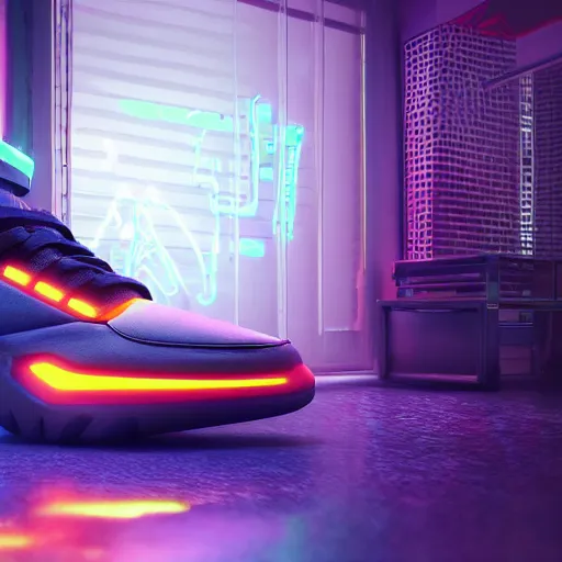 Prompt: 3d render of an cyberpunk sneaker on a room, neon lighted background, coherent, symmetrical, cinematic, hyper realism, high detail, octane render, unreal engine, 8k, Vibrant colors, Smooth gradients, High contrast, trending on artstation
