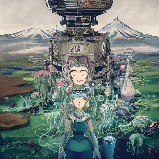 Image similar to On the morning of the robot queen's coronation, The Mekanik Doll, chubby moss kitten, Mount Fuji seen from the International Space Station, the theme of Alice in Wonderland, digital painting, concept art, illustration, deep dark, artstation, intricate, beautiful and thematically complex, ue5, by Dylan Kowalski and deiv calviz