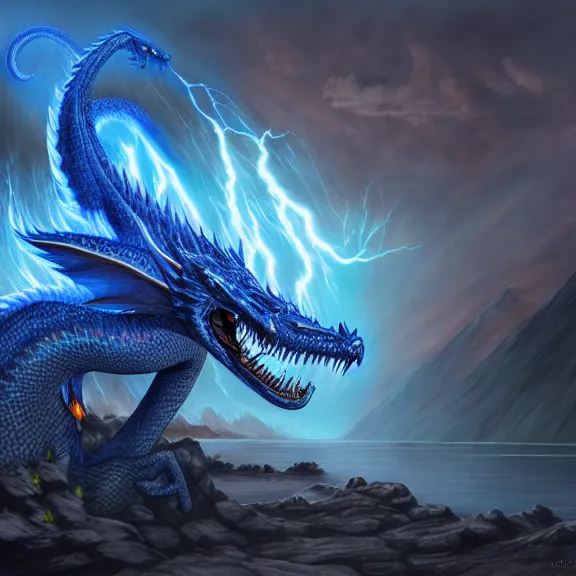 Image similar to blue dragon ghost, lightning, lake background, gerald brom, hyper detailed, 8 k, fantasy, dark, grim