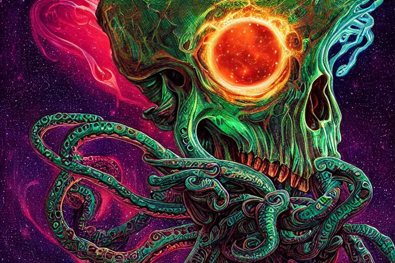 Image similar to a giant skull with lovecraftian tentacles emerging from a space nebula by dan mumford, digital art, photorealistic, vivid colors, highly detailed, intricate