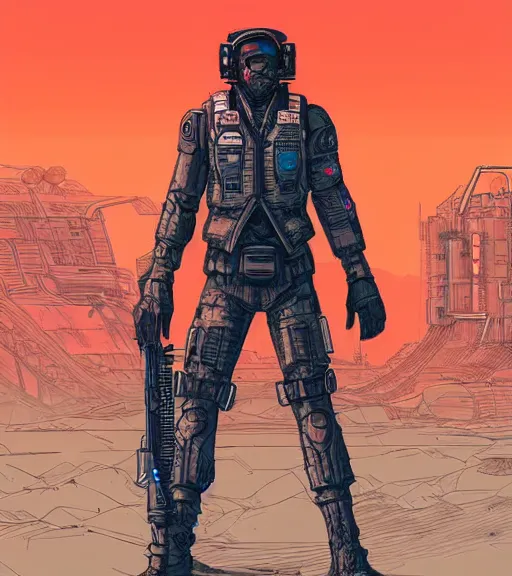 Image similar to a cyberpunk soldier with tactical gear and a rifle patrols a neon city on mars, Industrial Scifi, detailed illustration, character portrait, by Martin Grip and Moebius