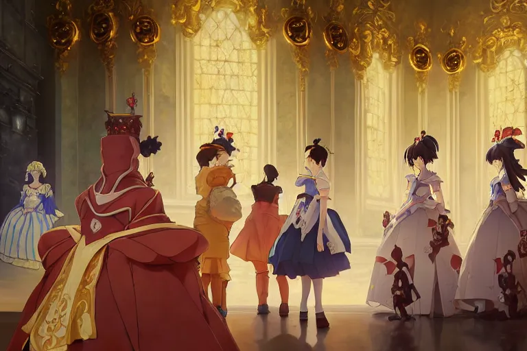 Prompt: baroque oil painting of key visual concept art of anime maid ruling as queen from extravagant throne room, brutalist, dark fantasy, rule of thirds golden ratio, fake detail, trending pixiv fanbox, acrylic palette knife, style of makoto shinkai studio ghibli genshin impact james gilleard greg rutkowski chiho aoshima