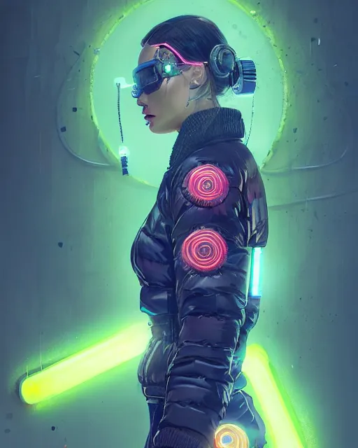 Prompt: neon operator margot robbie, cyberpunk futuristic neon, reflective puffer jacket, decorated with traditional japanese ornaments by ismail inceoglu dragan bibin hans thoma greg rutkowski alexandros pyromallis nekro rene maritte illustrated, perfect face, fine details, realistic shaded, fine - face, pretty face