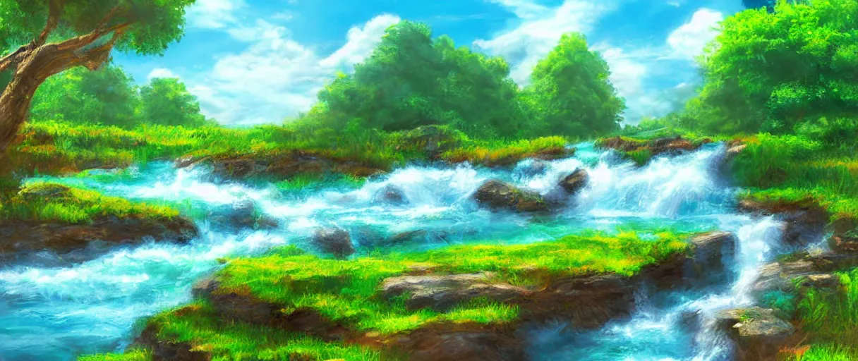 Prompt: a beautiful unique landscape photo influenced by bob ross. background blue cg clear clouds day digitalart environment fall grass green illustration landscape painting palm refiend river rock sky water art character tropical waterfall