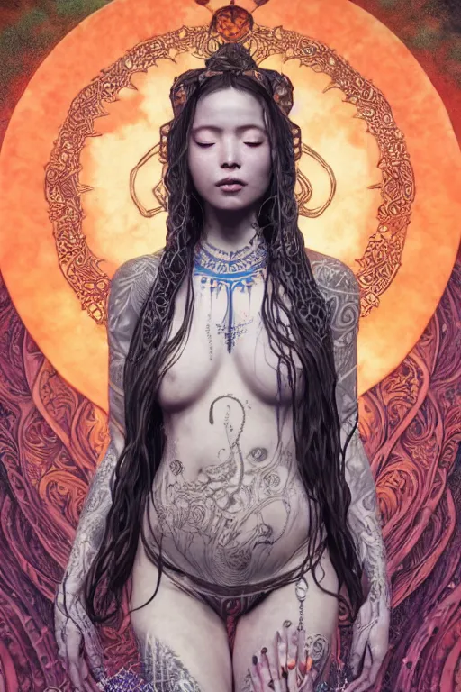 Prompt: a centered full body render of an alluring goddess festival hippy with tribal tattoos surrounded by a underwater ink pour and flowing liquid gallium and sacred geometry, perfect body and face, gorgeous, cinematic, beautifully lit, by miho hirano, by karol bak, by donato giancola, 3 d, trending on artstation, octane render, 8 k