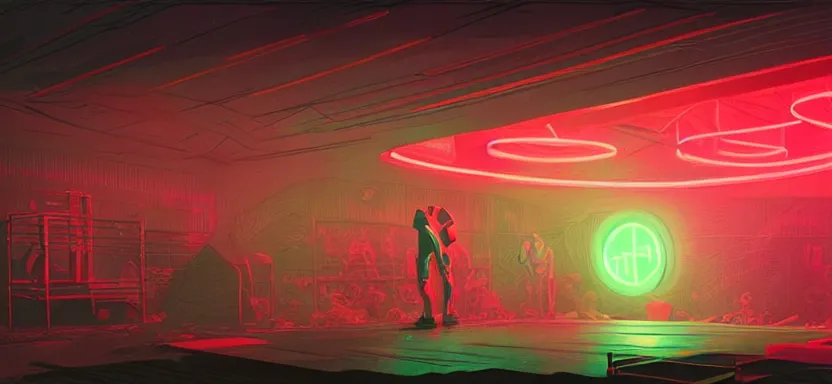 Prompt: handmade illustration of futuristic boxing ring, line art, octane render with volumetric lighting, watercolor by Kilian Eng and by Jake Parker, olympic weight room in bladerunner dystopia future, neon radioactive swamp