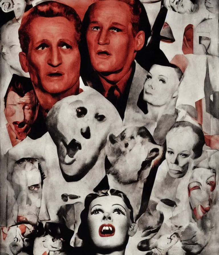 Image similar to Beautiful Minimalist!! Horror Movie Poster made for the film I'll Eat All the Puppies (1958) Starring Paul Newman and Katherine Hepburn, photo collage and oil painting by Paul Klee and Man Ray, trending on artstation dramatic lighting minimalist! collage 8k