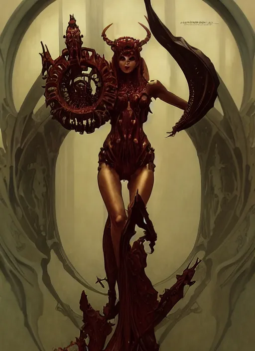 Prompt: masterpiece, infernal succubus girl concept art, stylized, doom, elegant, imperial, epic, intricate art by artgerm, alphonse mucha, h. r. giger, greg rutkowski, josan gonzalez, zdizslaw beksinski, biomechanical, crimson darkness, hellscape