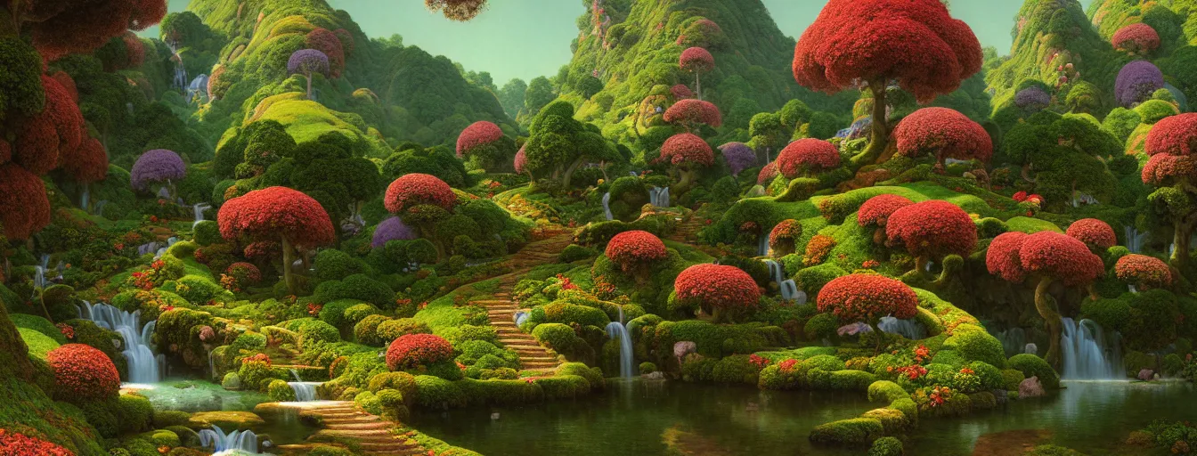 Image similar to a gorgeous very early spring series of lush islands separated by flower - lined streams, twisted gardens, flower paths with stone steps, painting by barlowe wayne maxfield parrish and marco mazzoni. tree no leaf!!!! china mountain village!! very little light verdancy. ultra clear detailed. 3 d, octane render. turbulent blood lake.