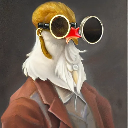Prompt: a chicken butler with a fancy mustache and a monocle, highly detail, oil painting , accurate anatomy,