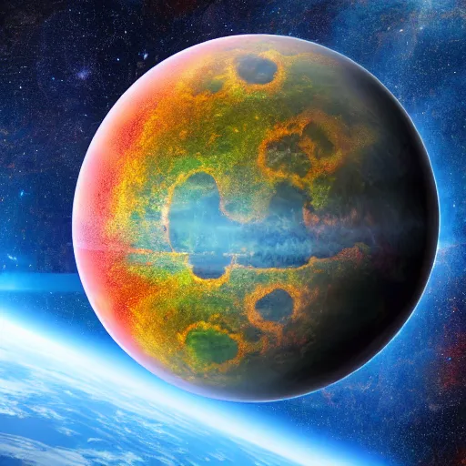 Image similar to picture of planet made of lava taken from the window of a space shuttle in orbit, highly detailed, high quality, bright colors 4 k, unreal engine