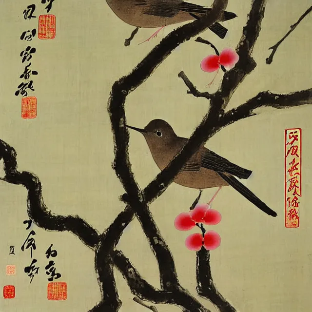 Image similar to a beautiful painting two nightingales kissed on the plum tree, by zhang daqian painting