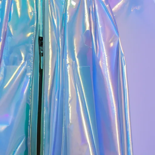 Prompt: an ultra high definition professional studio quality photograph of a transparent iridescent perspex pastel coloured combined raincoat and tent on a coat hook in an empty white room. dramatic lighting, ray tracing, refraction, shallow d. o. f, colour corrected, golden ratio, three point light. volumetric shadows. light rays.