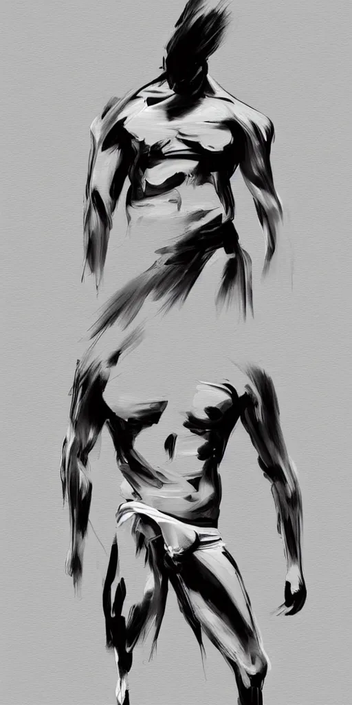 Image similar to minimal thick long paint brush strokes, outline suggesting the physique of one!!! thin athletic man posing dramatically, closeup, matte paint colors, long flowing brush strokes, abstract painting trending on artstation