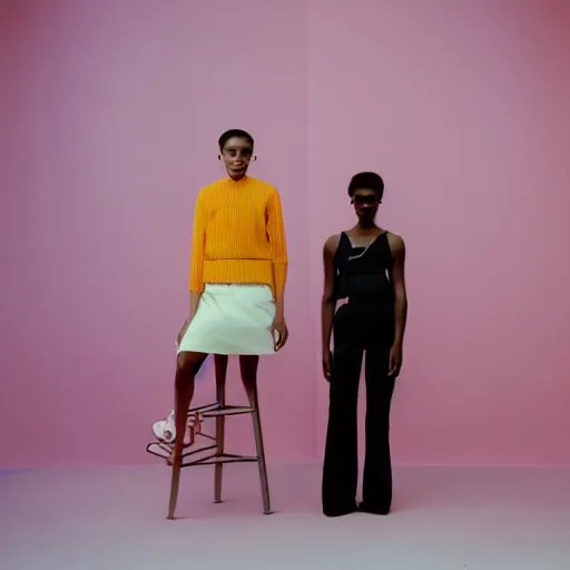 Image similar to realistic photoshooting for a new balenciaga lookbook, color film photography, portrait of a beautiful woman, set design by wes anderson, in style of Tyler Mitchell, 35mm,