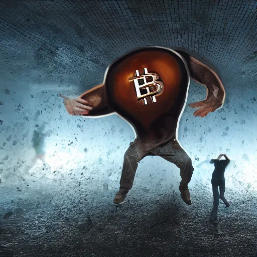 Image similar to people running away scared from a giant with bitcoin head, cinematic, 3D art, hyper-realistic, cryptocurrency, 8k