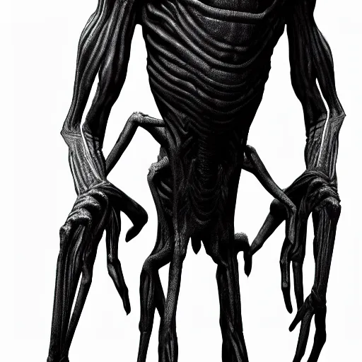 Image similar to standing photorealistic detailed tall skinny humanoid creature, extremly detailed, black and white, 8 k, realistic, sharp focus, cosmic horror creature, cosmic horror