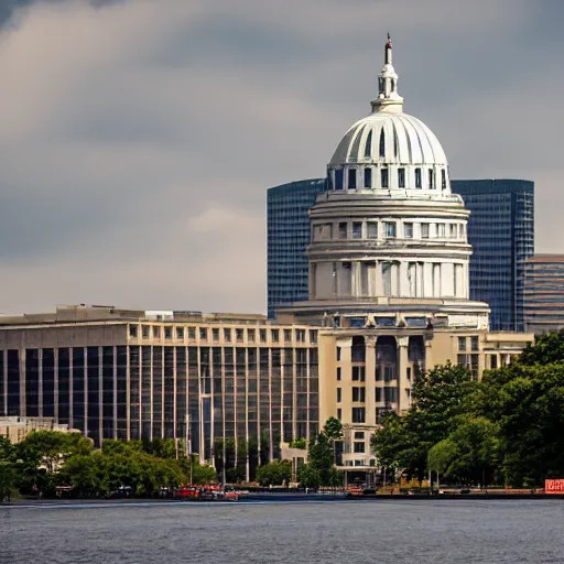 Image similar to madison wisconsin capital attacked by godzilla ( eos 5 ds r, iso 1 0 0, f / 8, 1 / 1 2 5, 8 4 mm, postprocessed, bokeh )