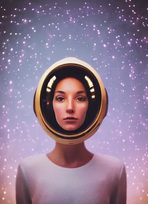 Prompt: photograph portrait of a very pretty!!! woman! symmetric face, petzval lens. out of focus, look at the camera!. in a beautiful gold! astronaut costume and futuristic helmet!!, led lights reflections. space station. by alesio albi and george lucas and stanley kubrick
