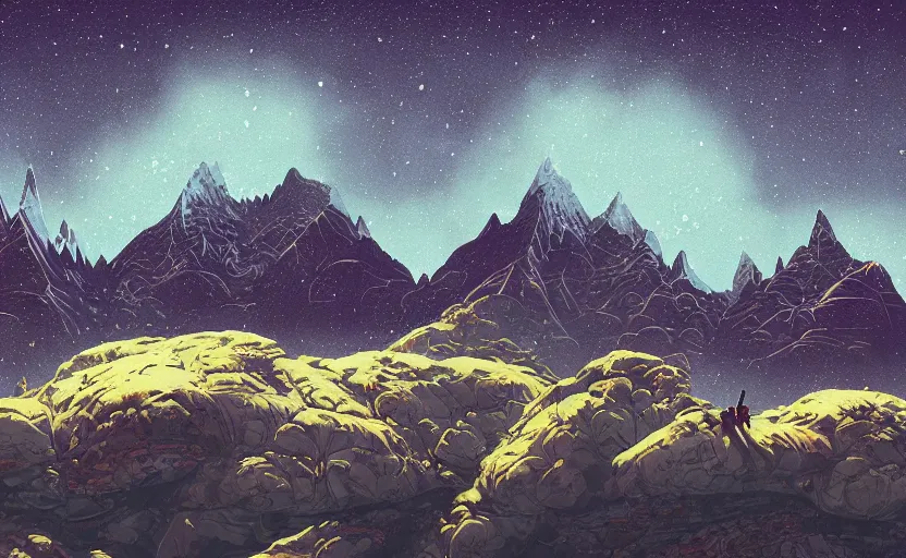 Prompt: mountains, stars and paisley filled sky, artstation, intricate, highly detailed, digital painting, concept art, sharp focus, illustration by Simon Stalenhag and Yoshitaka Amano