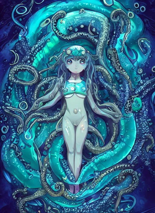 Prompt: A full shot of a Kawaii sea creature from the Abyss made of opals and oil wearing a black dress made of serpents and crystal. Fully Clothed. Under Water. Shallow Depth of Field. Tilt Shift. Symmetrical. Deepsea photography. Dark foreboding Atmosphere. Sailor Moon. Tentacles. Kawaii. Caustic refraction. Demon Horns, Angel Wings, By Lisa Frank and Giger and Ruan Jia and Artgerm and Range Murata and WLOP. Key Art. Fantasy Illustration. award winning, Artstation, intricate details, realistic, Hyperdetailed, 8k resolution.