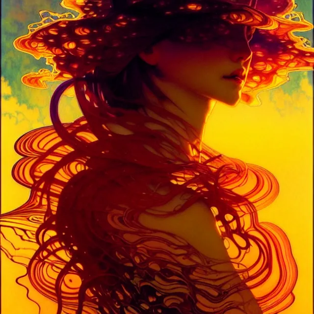 Image similar to mind bending indigo waves of glossy psychedelic liquid honey flowing like kaleidoscopic translucent amber, lsd waves, honey ripples, dramatic professional sunset, refracted lighting, art by collier, albert aublet, krenz cushart, artem demura, alphonse mucha