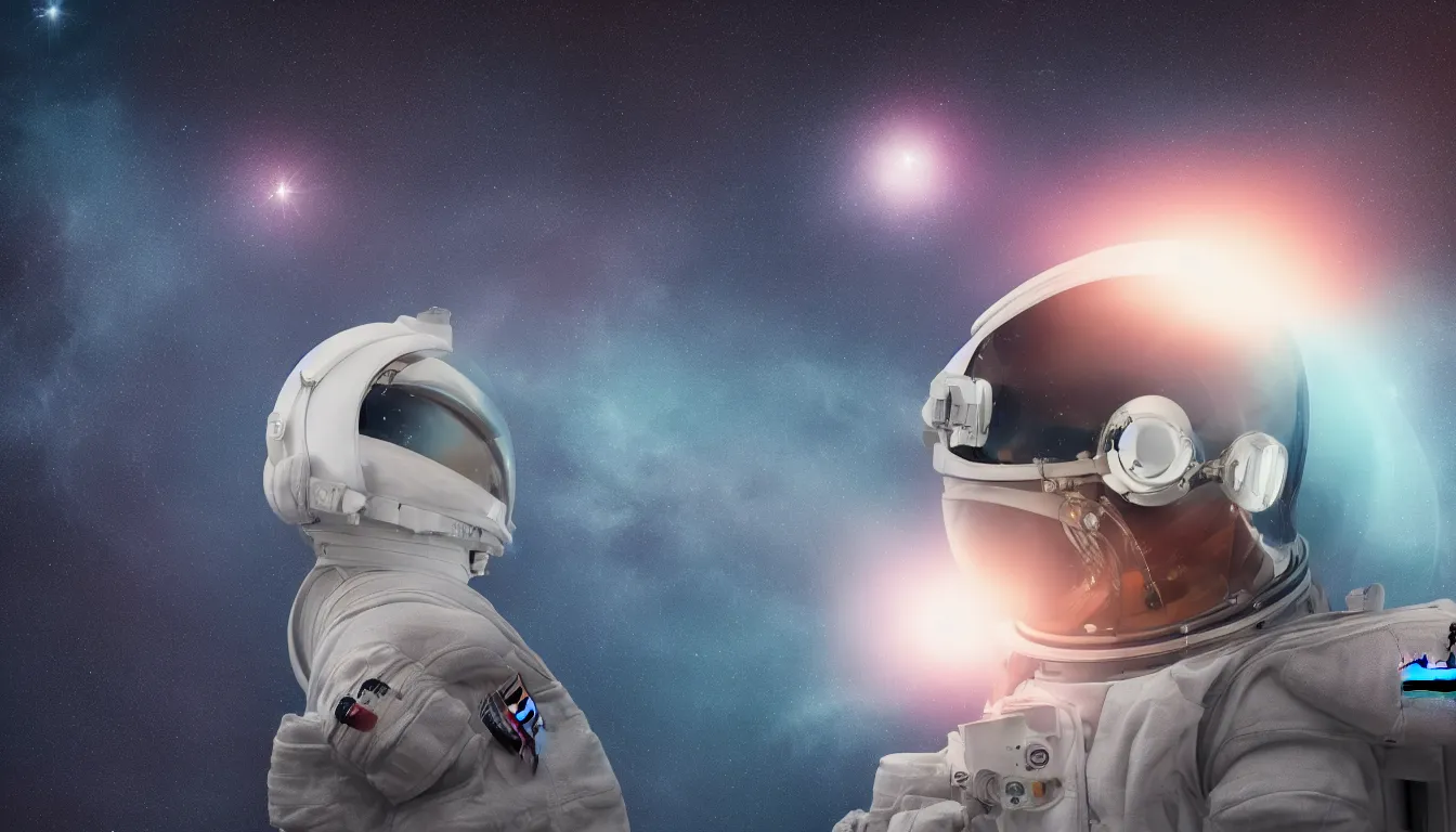 Prompt: photorealistic scene of a astronaut helmet with light reflection and cosmos background, 8k, cinematic, epic