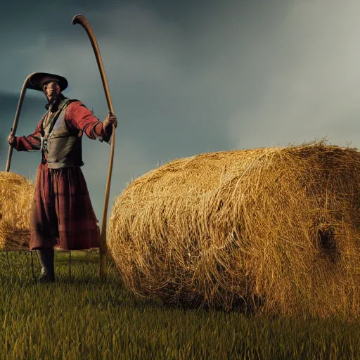 Prompt: full body, concept art, man with scythe, mowing of the hay, traditional hungarian clothing, dramatic lighting, beautiful, volumetric lighting, colorful, octane render