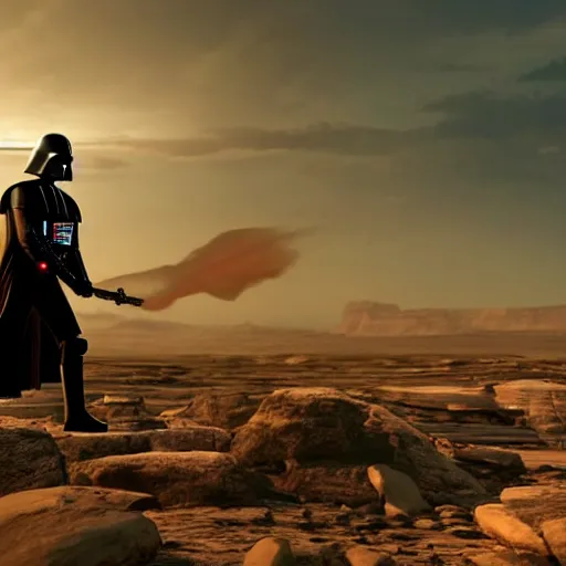 Image similar to darth vader wielding his light saber against robocop who is pointing a gun at him, against a barren landscape at sunset, warm, fine detail, epic composition, unreal engine.