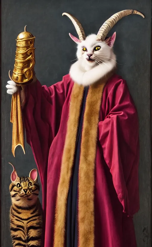 Prompt: a bipedal cat that has two goat horns, anthropomorphic cat that is wearing robes, matte oil painting, by jan van eyck, d & d, character reveal, fantasy, concept art, cosmic, magical, fog, noble, full body portrait, intricate, ornate, extremely detailed, cult, ritual, sharp focus, 4 k, 8 k