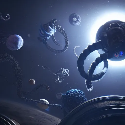 Image similar to a giant cosmic space kraken attacking an orbital space station, hype realistic, volumetric lighting, cosmic horror, Art station, Octane render, Unreal Engine 3D