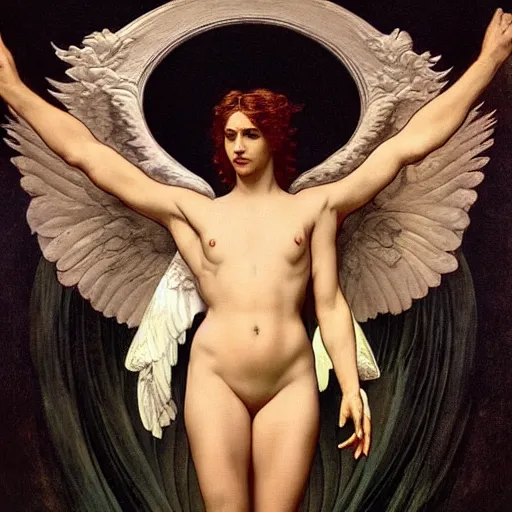 Image similar to godlike awe-inspiring Lucifer portrait, standing tall invincible, beautiful angelic wings, stunning, breathtaking, award-winning, groundbreaking, concept art, nouveau art, Dark Fantasy mixed with Socialist Realism, by Michelangelo, Caravaggio, Alphonse Mucha, Michael Whelan, William Adolphe Bouguereau, John Williams Waterhouse, and Donato Giancola, extremely moody lighting, glowing light and shadow, atmospheric, fine art, trending, featured, 8k, photorealistic, complex, intricate, 3-point perspective, hyper detailed, unreal engine 5, IMAX quality, cinematic, symmetrical, high resolution, 3D, PBR, path tracing, volumetric lighting, octane render, arnold render