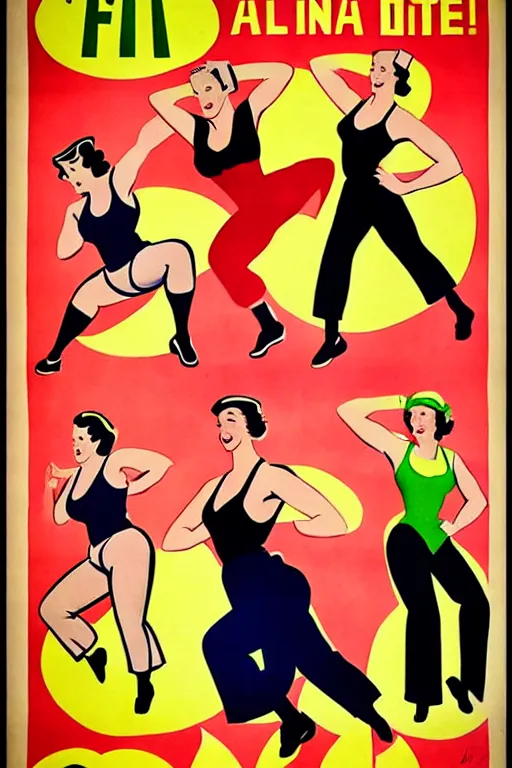 Image similar to 1940s zumba fitness art poster