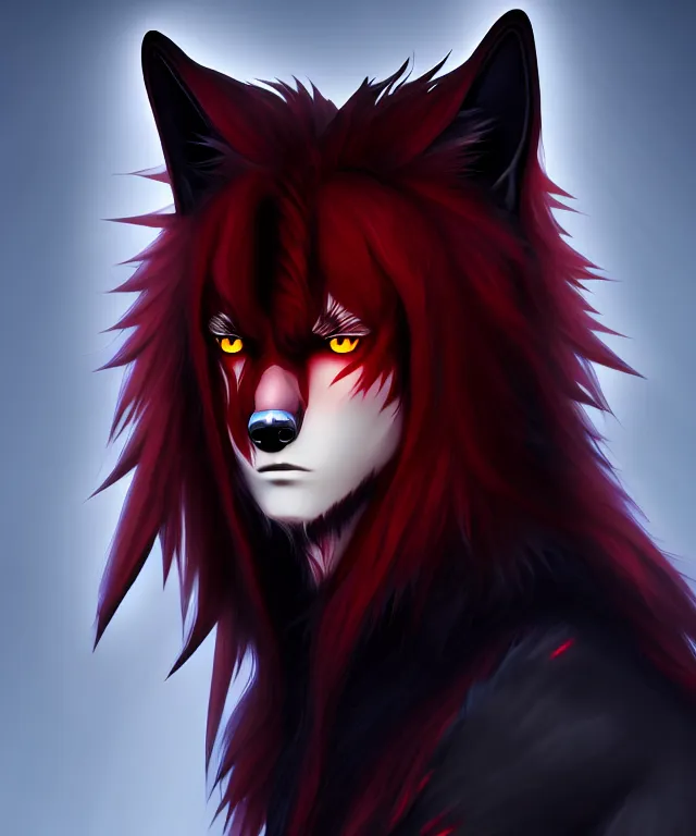 Image similar to award winning portrait of a male anthropomorphic anime black wolf long red hair. artstation, artistic lighting, highly detailed, photorealistic, fantasy